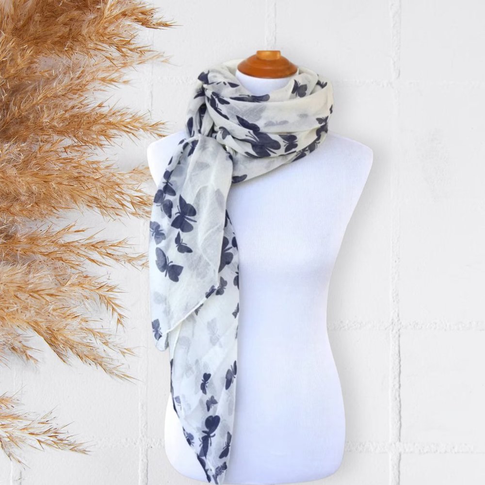 Butterfly Scarf White Blue Women's Viscose Wrap